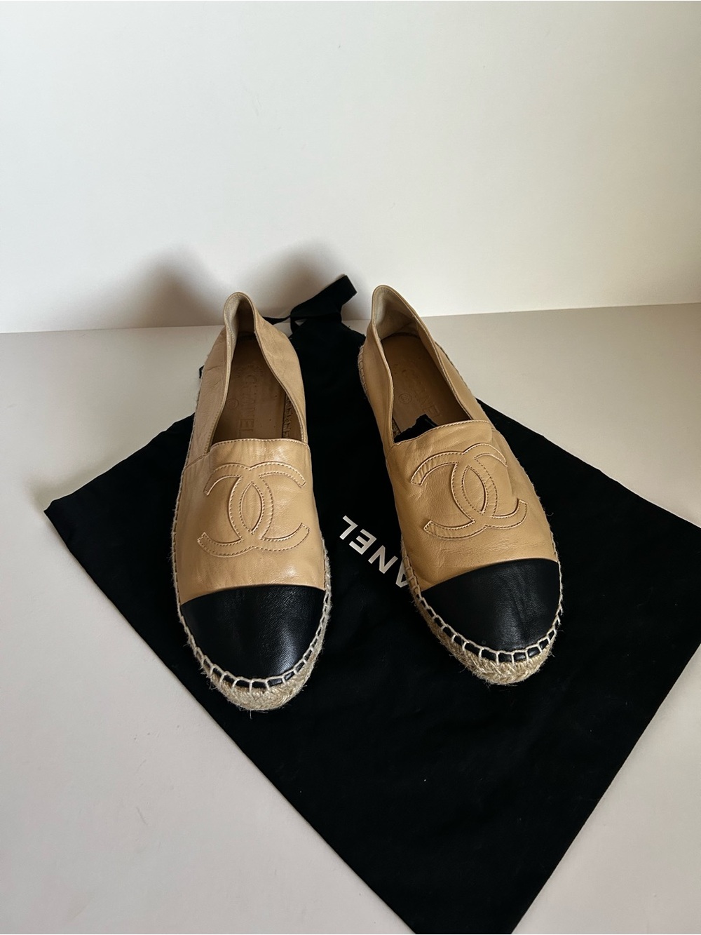 CHANEL Beige and Black Leather Espadrille Flats